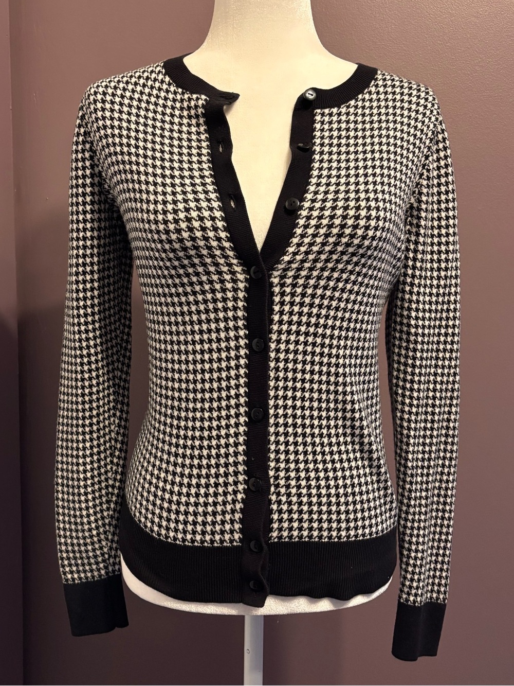 LOFT Black & White Houndstooth Button Cardigan Sweater